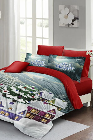 Yılbaşı Nevresim Takımı (Lastikli Çarşaflı) Çift Kişilik %100 Pamuk Saten Snow House