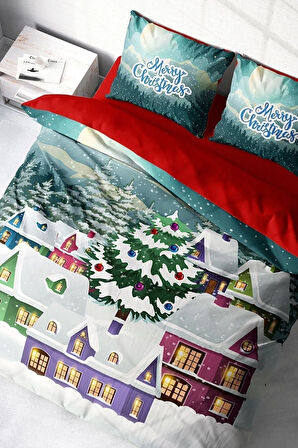 Yılbaşı Nevresim Takımı (Lastikli Çarşaflı) Çift Kişilik %100 Pamuk Saten Snow House