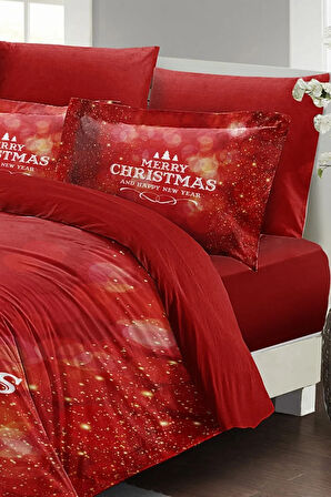 Yılbaşı Nevresim Takımı (Lastikli Çarşaflı) Çift Kişilik %100 Pamuk Saten Red Noel