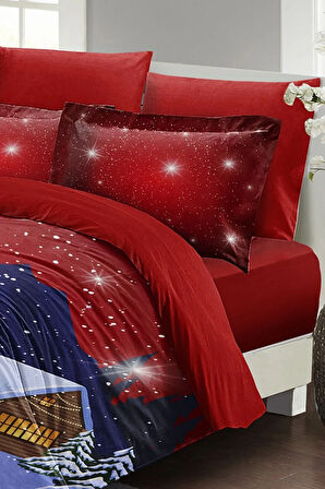 Yılbaşı Nevresim Takımı (Lastikli Çarşaflı) Çift Kişilik %100 Pamuk Saten Noel Red