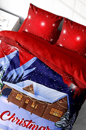 Yılbaşı Nevresim Takımı (Lastikli Çarşaflı) Çift Kişilik %100 Pamuk Saten Noel Red