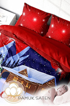 Yılbaşı Nevresim Takımı (Lastikli Çarşaflı) Çift Kişilik %100 Pamuk Saten Noel Red