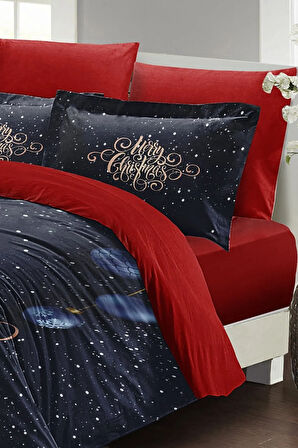 Yılbaşı Nevresim Takımı (Lastikli Çarşaflı) Çift Kişilik %100 Pamuk Saten Dream Noel
