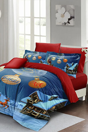 Yılbaşı Nevresim Takımı (Lastikli Çarşaflı) Çift Kişilik %100 Pamuk Saten Wish Noel