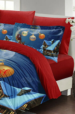 Yılbaşı Nevresim Takımı (Lastikli Çarşaflı) Çift Kişilik %100 Pamuk Saten Wish Noel