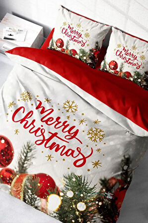 Yılbaşı Nevresim Takımı (Lastikli Çarşaflı) Çift Kişilik %100 Pamuk Saten Merry Christmas