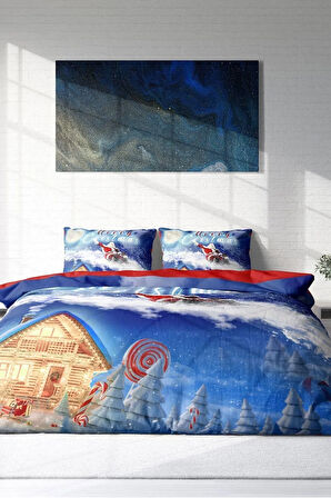 Yılbaşı Nevresim Takımı (Lastikli Çarşaflı) Çift Kişilik %100 Pamuk Saten Blue Snow