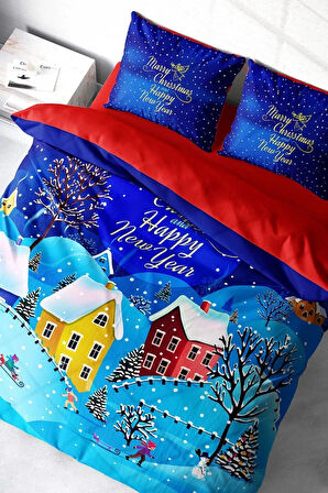 Yılbaşı Nevresim Takımı (Lastikli Çarşaflı) Çift Kişilik %100 Pamuk Saten Snow