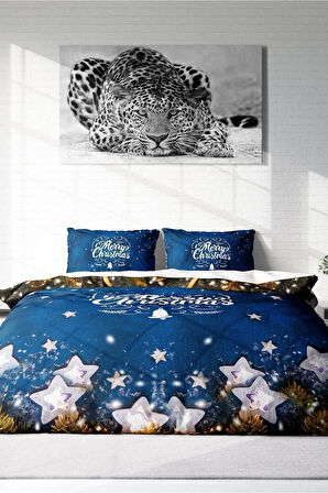 Yılbaşı Nevresim Takımı (Lastikli Çarşaflı) Çift Kişilik %100 Pamuk Saten Blue Stars