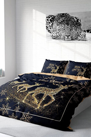 Yılbaşı Nevresim Takımı (Lastikli Çarşaflı) Çift Kişilik %100 Pamuk Saten Geyik