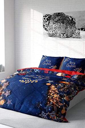 Yılbaşı Nevresim Takımı (Lastikli Çarşaflı) Çift Kişilik %100 Pamuk Saten Blue