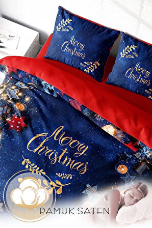 Yılbaşı Nevresim Takımı (Lastikli Çarşaflı) Çift Kişilik %100 Pamuk Saten Blue