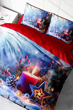 Yılbaşı Nevresim Takımı Çift Kişilik %100 Pamuk Saten Christmas Candle