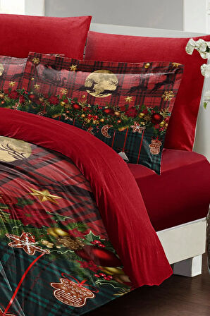 Yılbaşı Çift Kişilik Nevresim ( Lastikli Çarşaflı ) %100 Pamuk Saten Christmas Decorations