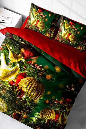 Yılbaşı Nevresim Takımı (Lastikli Çarşaflı) Çift Kişilik %100 Pamuk Saten Green Decorations