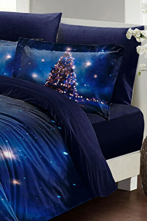 Yılbaşı Nevresim Takımı (Lastikli Çarşaflı) Çift Kişilik %100 Pamuk Saten Starry Tree