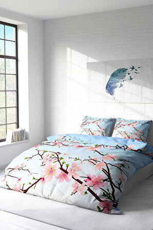 Nevresim Takımı (Lastikli Çarşaflı) Çift Kişilik %100 Pamuk Saten Blue Cherry Blosom