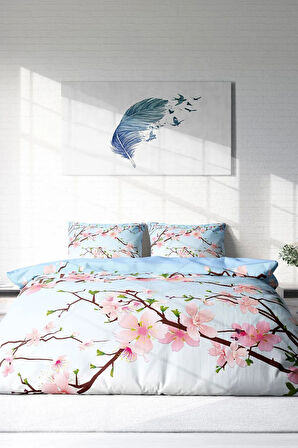 Nevresim Takımı (Lastikli Çarşaflı) Çift Kişilik %100 Pamuk Saten Blue Cherry Blosom