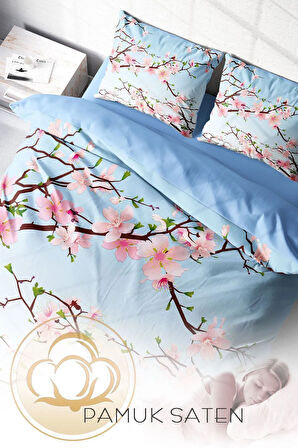 Nevresim Takımı (Lastikli Çarşaflı) Çift Kişilik %100 Pamuk Saten Blue Cherry Blosom