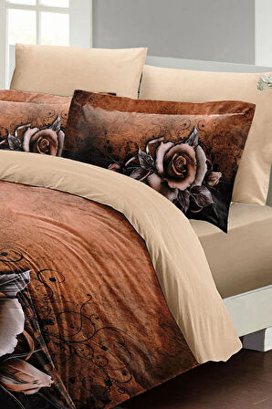 Nevresim Takımı %100 Doğal Pamuk Çift Kişilik 3d Digital Copper Rose