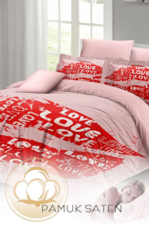 Kıng Sıze Sevgililer Günü Çift Kişilik Nevresim Takımı%100 Pamuk Saten Kiss 220x240cm