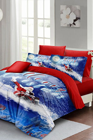 Yılbaşı Süsü Blue Noel %100 Pamuk Saten 3d Çift Kişilik Nevresim Takımı