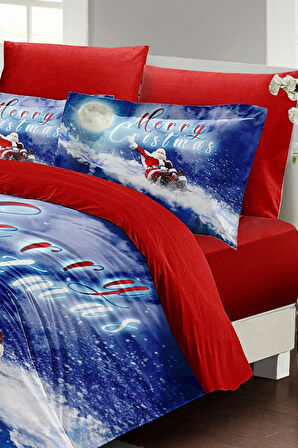 Yılbaşı Süsü Blue Noel %100 Pamuk Saten 3d Çift Kişilik Nevresim Takımı