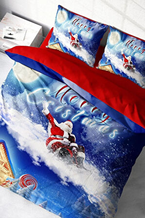 Yılbaşı Süsü Blue Noel %100 Pamuk Saten 3d Çift Kişilik Nevresim Takımı