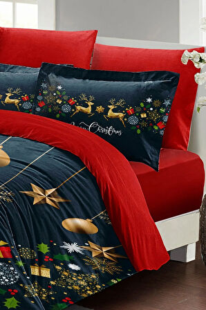 Yılbaşı Süsü Dark Deer Noel %100 Pamuk Saten 3d Çift Kişilik Nevresim Takımı