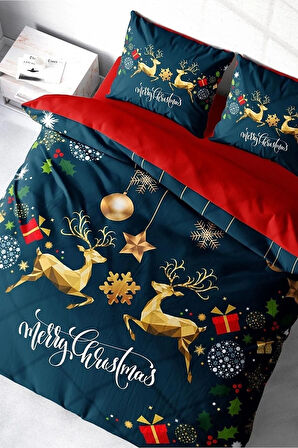 Yılbaşı Süsü Dark Deer Noel %100 Pamuk Saten 3d Çift Kişilik Nevresim Takımı