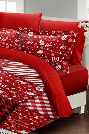 Yılbaşı Süsü Ekose Noel %100 Pamuk Saten 3d Çift Kişilik Nevresim Takımı