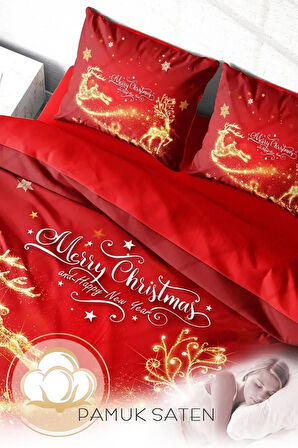 Yılbaşı Süsü Merry Christmas Çift Kişilik 3D Nevresim Takımı Pamuk Gold Deers