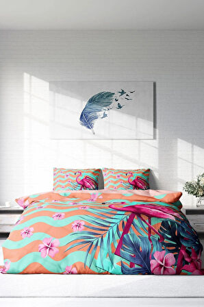Çift Kişilik Nevresim Takımı 3d Dijitall Ozel Dokuma Pamuk Saten Turkuaz Flamingo