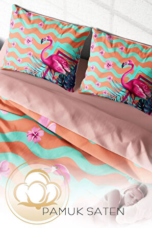 Çift Kişilik Nevresim Takımı 3d Dijitall Ozel Dokuma Pamuk Saten Turkuaz Flamingo