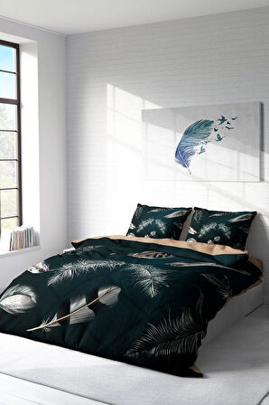Nevresim Takımı %100 Doğal Pamuk Çift Kişilik 3d Digital Black Feather