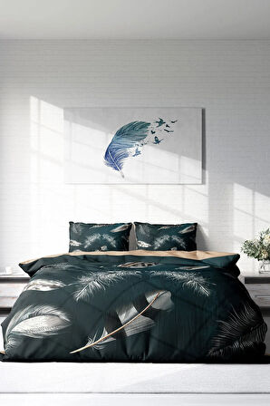 Nevresim Takımı %100 Doğal Pamuk Çift Kişilik 3d Digital Black Feather