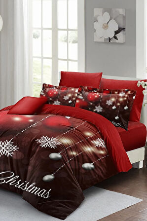 Yılbaşı Çift Kişilik Nevresim ( Lastikli Çarşaflı ) %100 Pamuk Saten Crystal