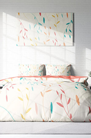 Çift Kişilik  Lastikli Çarşaflı %100 Pamuk Saten Nevresim Takımı Yaprak