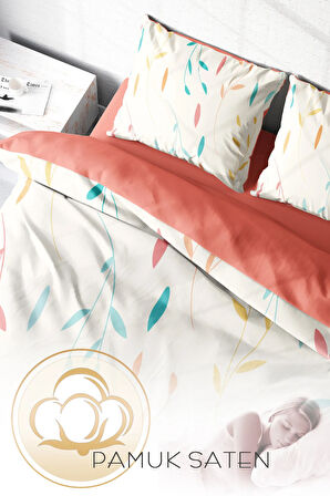 Çift Kişilik  Lastikli Çarşaflı %100 Pamuk Saten Nevresim Takımı Yaprak