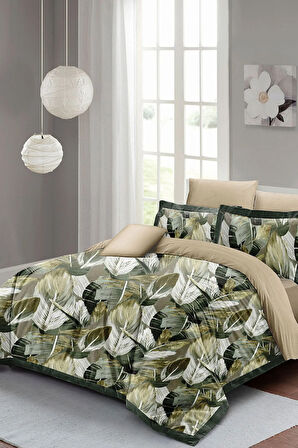 Lastikli Çarşaflı %100 Pamuk Saten Çift Kişilik Nevresim Takımı Yaprak Rüyası