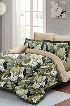 Lastikli Çarşaflı %100 Pamuk Saten Çift Kişilik Nevresim Takımı Yaprak Rüyası