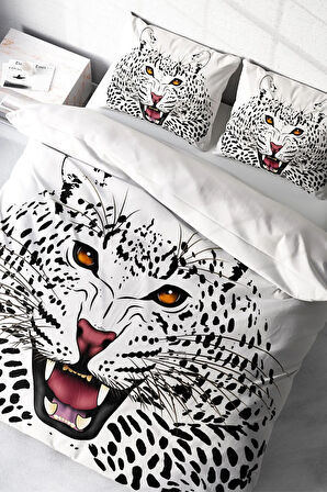 Lastikli Çarşaflı %100 Pamuk Saten Çift Kişilik Nevresim Takımı White Leopard