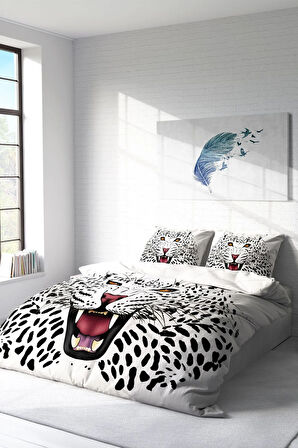 Lastikli Çarşaflı %100 Pamuk Saten Çift Kişilik Nevresim Takımı White Leopard