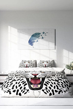 Lastikli Çarşaflı %100 Pamuk Saten Çift Kişilik Nevresim Takımı White Leopard