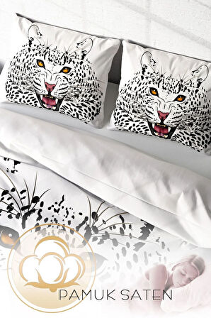 Lastikli Çarşaflı %100 Pamuk Saten Çift Kişilik Nevresim Takımı White Leopard
