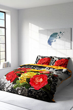 Lastikli Çarşaflı %100 Pamuk Saten Çift Kişilik Nevresim Takımı Rose1006