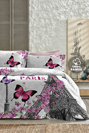 Lastikli Çarşaflı %100 Pamuk Saten Çift Kişilik Nevresim Takımı Butterfly Paris