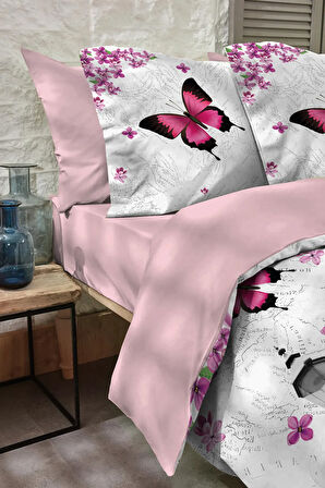 Lastikli Çarşaflı %100 Pamuk Saten Çift Kişilik Nevresim Takımı Butterfly Paris