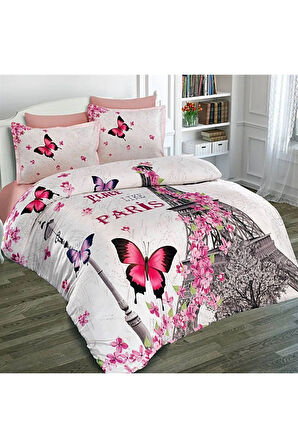 Lastikli Çarşaflı %100 Pamuk Saten Çift Kişilik Nevresim Takımı Butterfly Paris