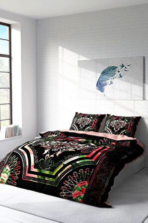 Lastikli Çarşaflı %100 Pamuk Saten Çift Kişilik Nevresim Takımı Roses Pattern